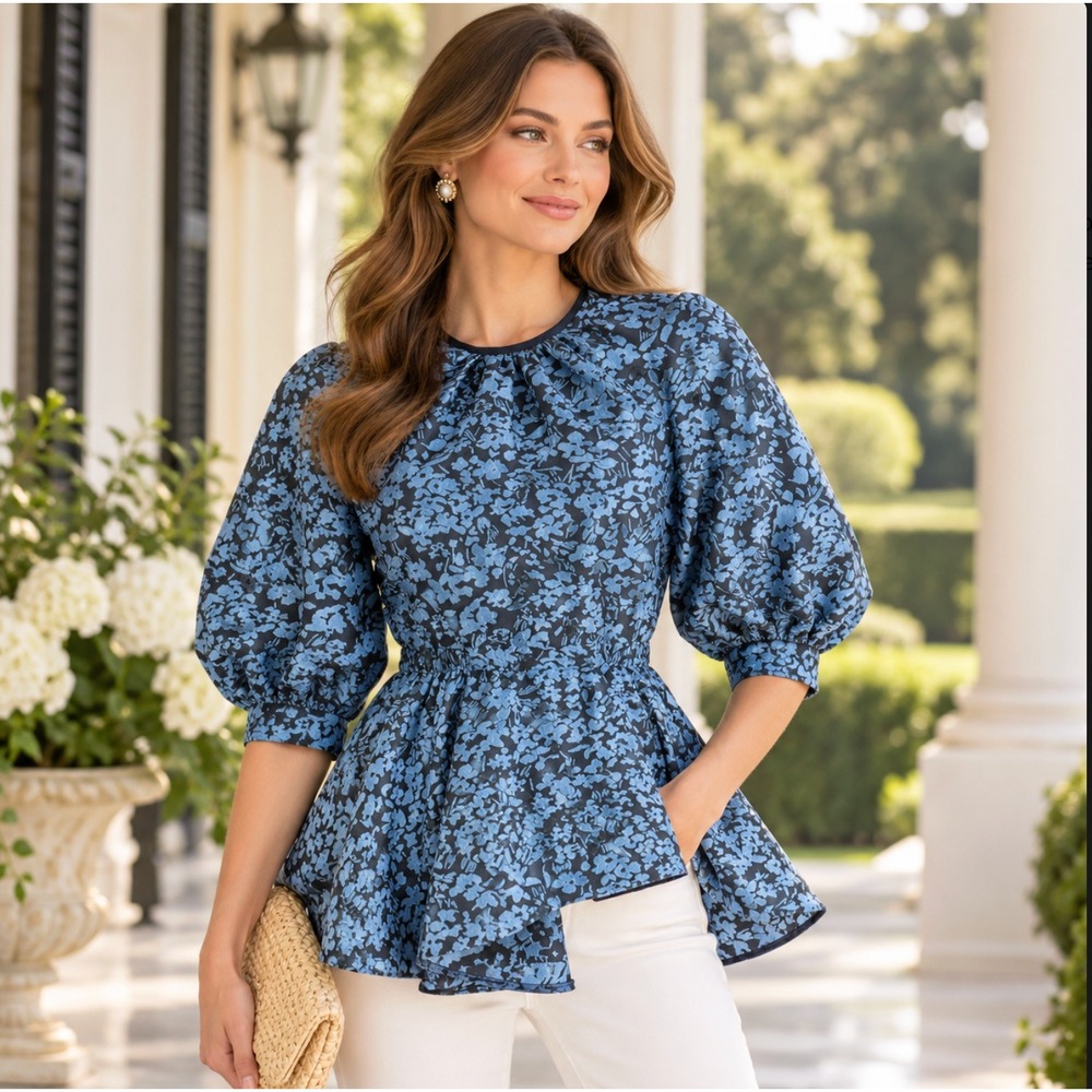 Tish Cox Blue Floral Jacquard Puff Sleeve Peplum Blouse Top Small Elegant Dallas